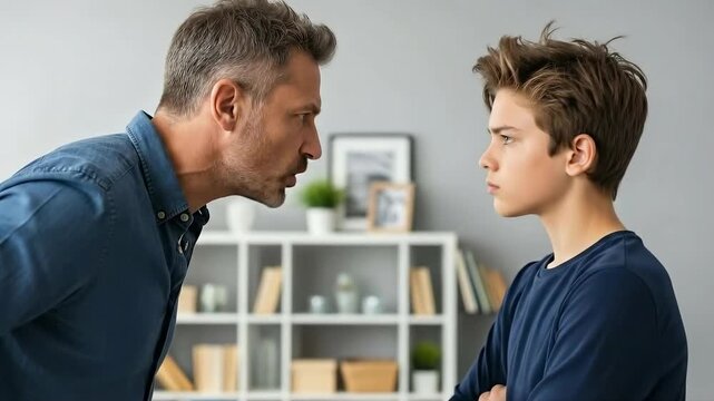 Intense fatherson confrontation in home setting captures raw emotions and family dynamics