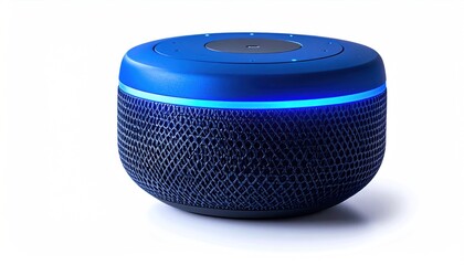 Blue Smart Speaker with Illuminated Ring on White Background.
