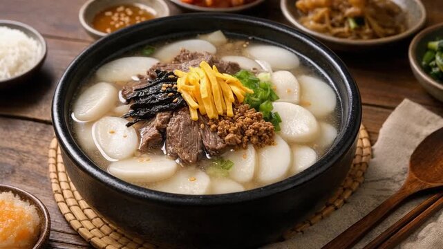 A traditional Korean tteokguk rice cake soup with beef, egg garnish, and seaweed served warm in a ceramic bowl for a festive New Year meal.