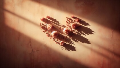 Heart shape made of small organic objects casting long shadows on a textured wall.