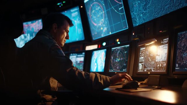 Technician monitors multiple radar displays in a dimly lit control center coordinating arrivals and departures of cargo vessels at a large coastal port.