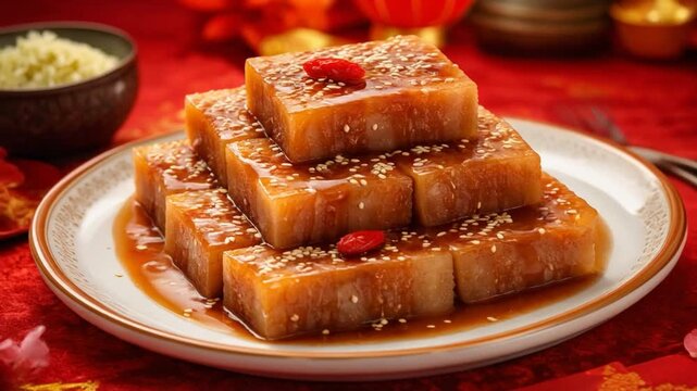A traditional Chinese New Year dessert featuring layered sticky rice cake glazed with syrup and garnished with red dates on a festive red table.