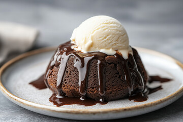 Small round chocolate lava cake topped with creamy vanilla ice cream and rich chocolate sauce, served on a textured plate, perfect for dessert lovers and special occasions