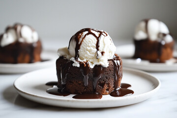 Small round chocolate lava cake topped with vanilla ice cream and drizzled with chocolate sauce, presented on a white plate, creating a delightful dessert experience with rich textures and flavors