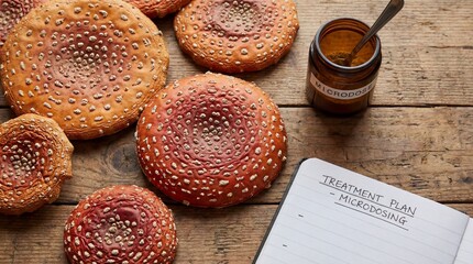 Natural Amanita hallucinogenic mushroom caps with matte orange and red colors, distinct white spots, and realistic texture.
