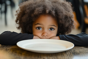 African American child with curly hair resting head on hands beside empty plate, expressing feelings of hunger and anticipation in a cozy dining environment with warm tones
