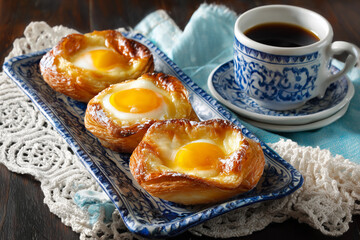 Almond and egg yolk pastries arranged on a decorative plate with coffee cup, showcasing a delightful culinary experience with rich textures and inviting colors