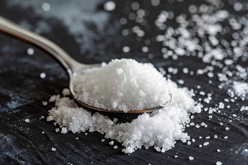 Close-up of a silver spoon filled with coarse salt, surrounded by scattered grains on a dark surface, highlighting the texture and natural beauty of the mineral