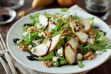 Fresh arugula salad topped with sliced pears, walnuts, and gorgonzola cheese, drizzled with balsamic glaze, showcasing vibrant colors and textures in a rustic setting with copy space