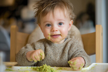 Baby sitting in high chair, joyfully playing with avocado puree, creating a delightful mess, showcasing the fun of mealtime exploration and sensory play with vibrant textures and colors