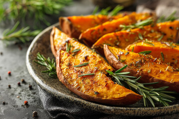 Baked sweet potatoes garnished with honey and rosemary on a rustic plate, showcasing vibrant colors and textures, perfect for autumn meals and healthy dining experiences