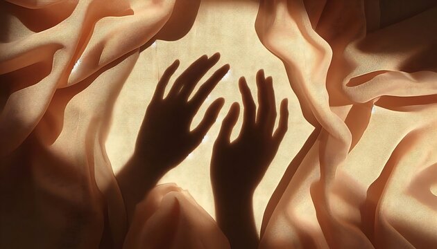 Shadowy hands reaching through soft, flowing peach fabric with ethereal backlighting and delicate textures.