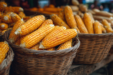 Freshly harvested corn displayed in woven baskets at a vibrant farmers market, showcasing natural textures and colors, inviting a sense of community and seasonal abundance