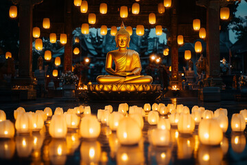 Golden Buddha statue illuminated by lanterns, surrounded by glowing candles, creating a serene atmosphere for meditation and reflection in a tranquil setting with soft lighting