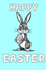Easter card with the inscription "Happy Easter!" easter banny. Adorable bunny illustration in simple black and white line art style for children