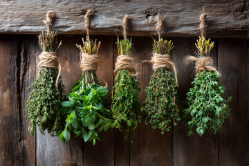 Bundles of fresh herbs including mint, thyme, and oregano hanging upside down on rustic wooden background, showcasing natural textures and earthy tones in a charming kitchen setting
