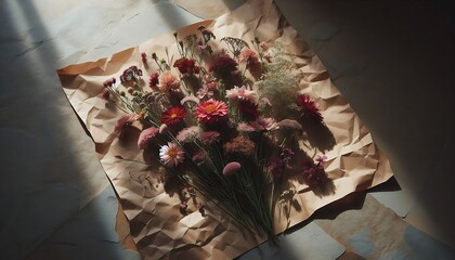 A rustic bouquet of red and pink flowers wrapped in crumpled brown paper, illuminated by a beam of sunlight on a tiled floor.