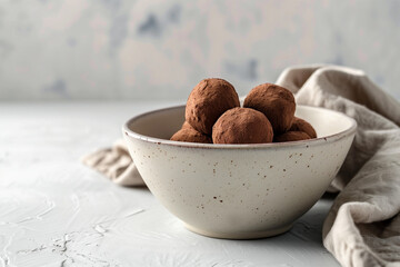 Chocolate truffles arranged in a minimalist ceramic bowl with soft fabric nearby, showcasing a delightful dessert presentation and inviting ambiance for culinary enthusiasts