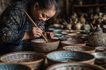 Craftswoman painting intricate traditional patterns on ceramic bowls