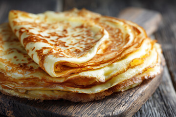 Delicious golden crepes stacked on a rustic wooden board, showcasing a tempting texture and inviting appearance, perfect for breakfast or dessert with copy space for text