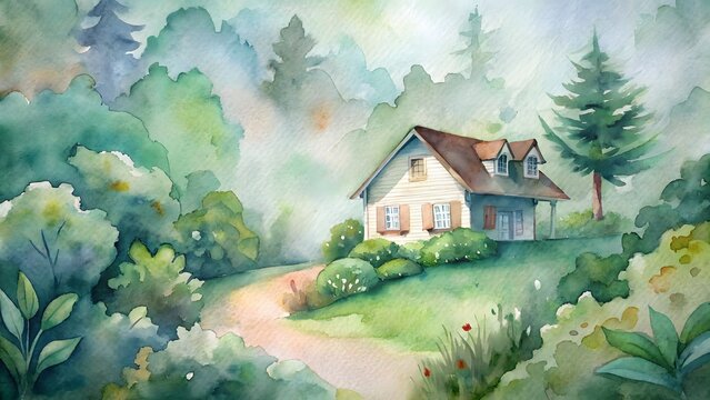 Hand painted whimsical house in forest setting with mate inspired wall
