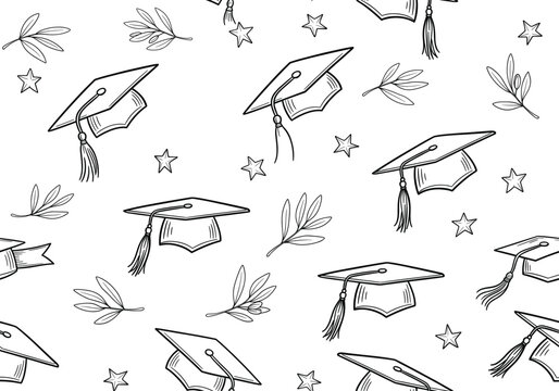 Hand drawn graduation caps and stars seamless pattern black and white education vector illustration background
