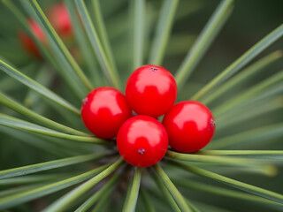 Close up of red berries on needle like plant with transparent background