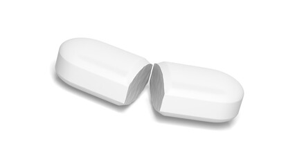 White pill broken in half isolated on white background. Cracked. 3d illustration.