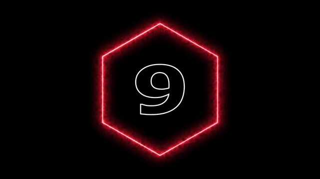 Red hexagon neon glow frame with number 9