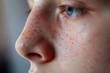 Closeup portrait of a young boy showing freckles and blue eyes