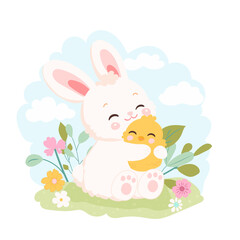Easter Rabbit Character hugs chick and Flora Clipart Element. Vector print illustration