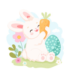 Easter Rabbit Character hugs carrot and Flora Clipart Element. Vector print illustration