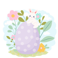 Easter Rabbit Character on egg and Flora Clipart Element. Vector print illustration
