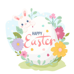 Easter Rabbit Character on egg and Flora Clipart Element. Vector print illustration