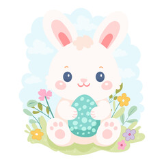 Easter Rabbit Character with Spring Egg and Flora Clipart Element. Vector print illustration