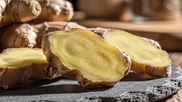 Close Up Of Fresh Sliced Ginger Root Displayed On A Slate Tray For Culinary Use
