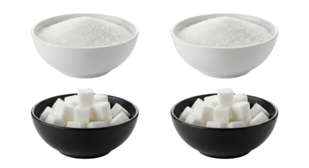 Two Bowls Granulated Sugar and Two Bowls Sugar Cubes Isolated