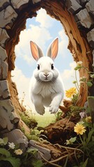A white bunny leaps through a stone hole into a meadow under a partly cloudy sky