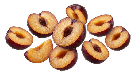 Fresh Plums Halved with Pits Visible, Isolated on White Background
