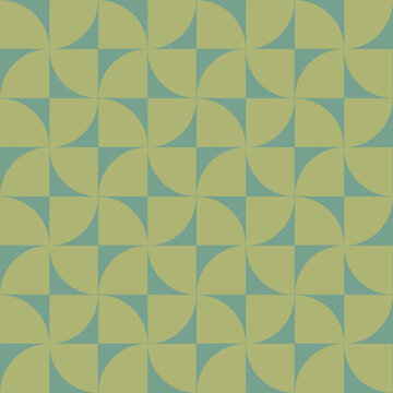 Mid century modern geometric tile pattern with retro curved checkerboard shapes. Seamless abstract mod design in sage, olive and teal green. Vintage modern repeating pattern 