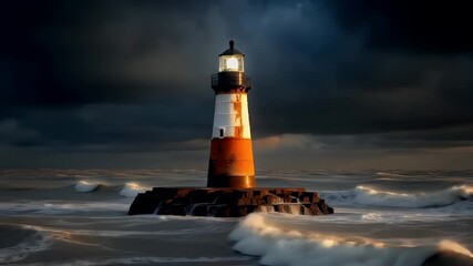 Natural disaster. Devastating loss aftermath scene. A lighthouse stands tall amidst a tumultuous sea, its fiery orange and white contrasting against the dark, stormy sky.