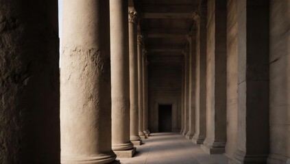 Ancient stone corridor with columns vanishing into the distance, light & shadow
