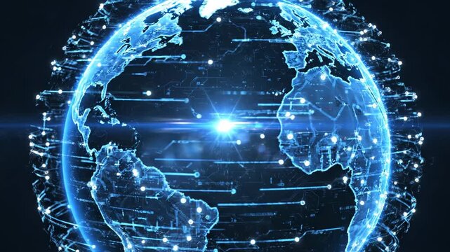 A glowing blue digital globe with connections and circuits on a dark background representing technology and global communication