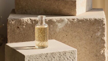 Bottle of shimmering liquid on stone blocks, bathed in warm sunlight