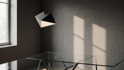 Interior scene geometric lamp, glass table, textured wall, window light