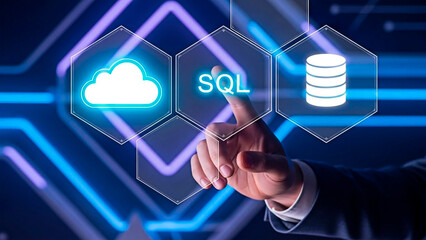 A businessman interacting with a cloud SQL database on transparent background