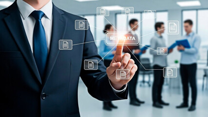 A businessman interacting with metadata on transparent background