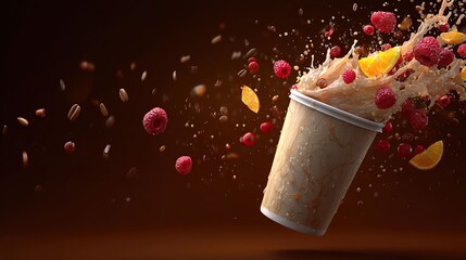 Beverage splash with fruit and cup dynamic composition