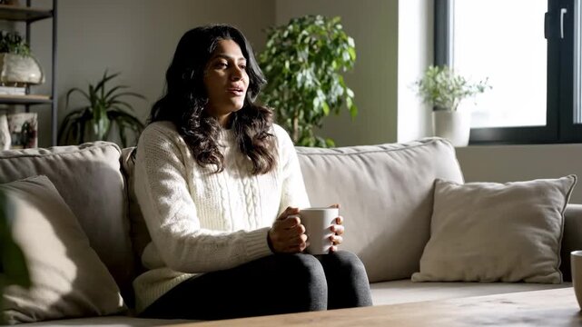 A serene young Indian woman sips a warm drink, finding comfort and peace in her cozy living room.