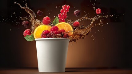 Beverage with fruit splash vibrant colors and a white cup studio shot